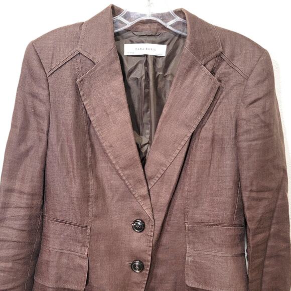Zara Basic Jacket L Brown Ramie Linen Like Texture Large Blazer Belted Back - Picture 3 of 10